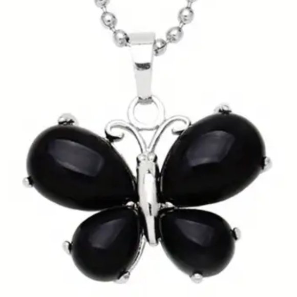 Jewelry - Black Onyx Natural Stone Cute Butterfly Pendant Necklace Gemstone Pendant